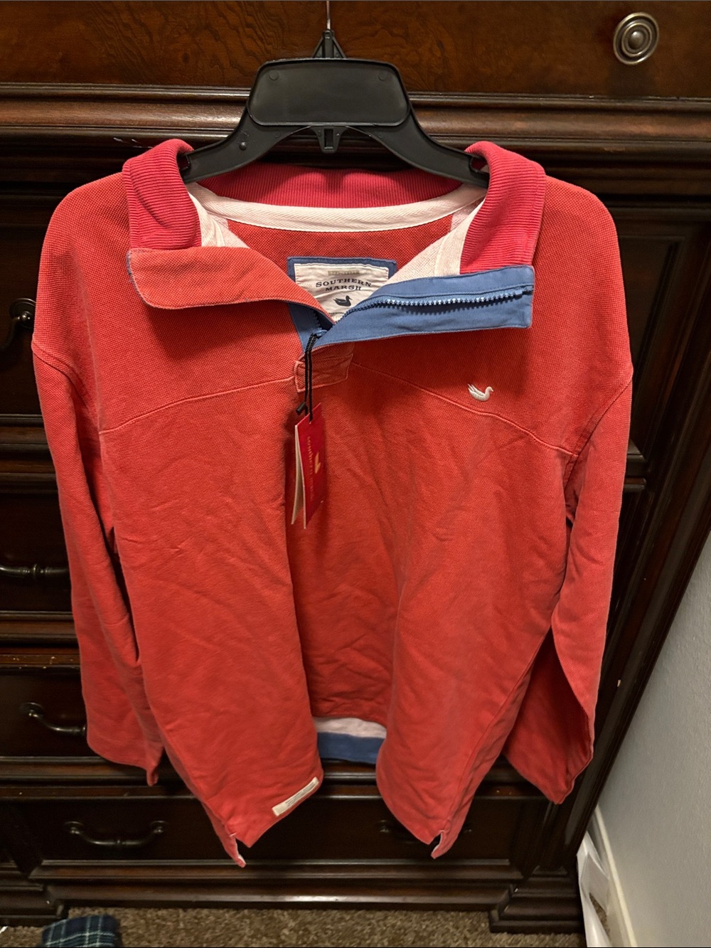Southern Marsh Coral Red Pullover Quarter-Zip Sweatshirt with Blue Trim- Lg
